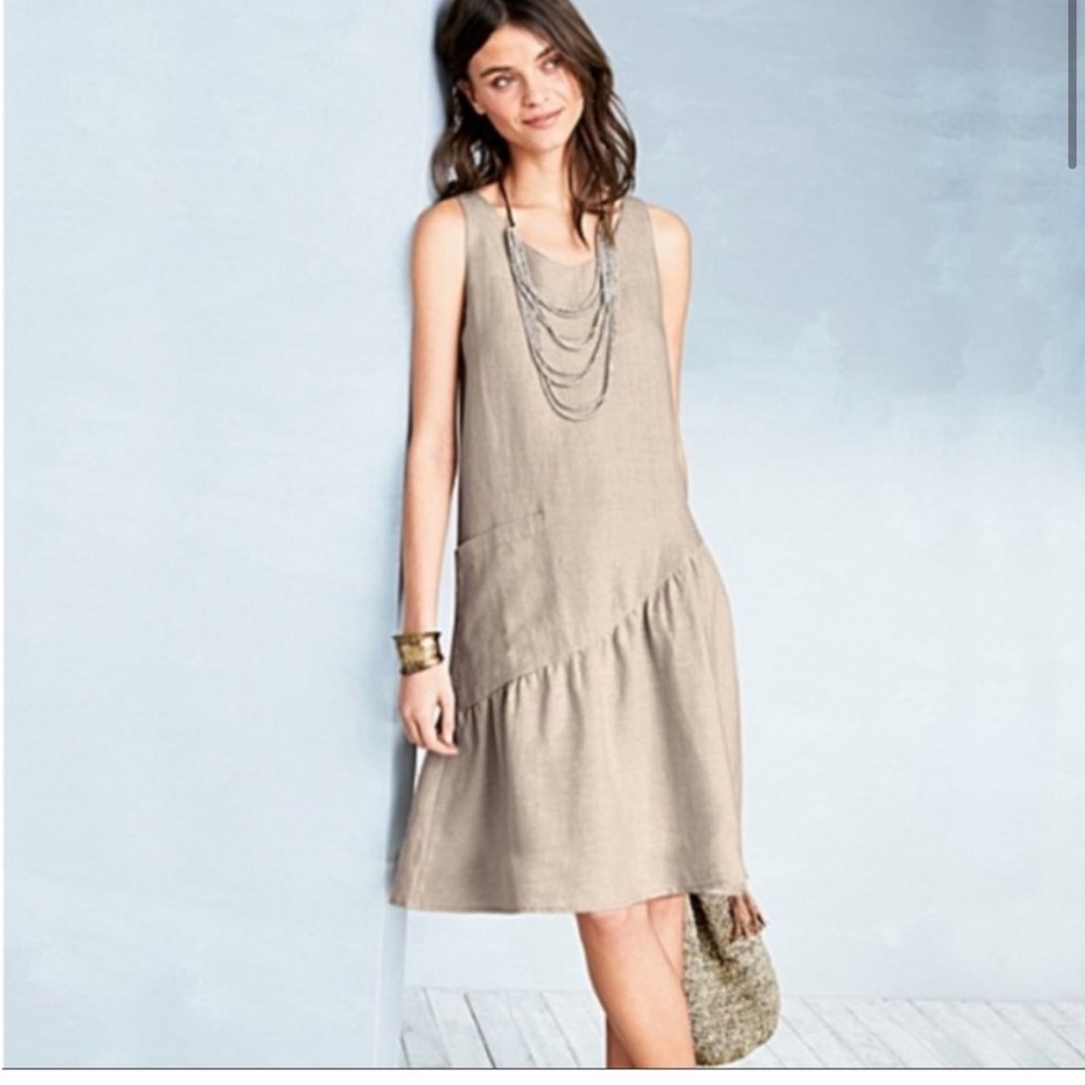 Garnet Hill Linen Trapeze Dress Tan Flax